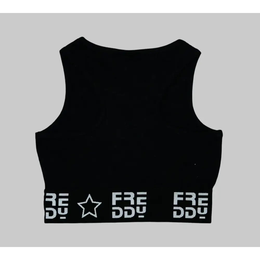 Top corto sportivo bambina Freddy nero con fascia elasticizzata e logo bianco