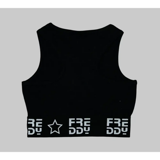 Top corto sportivo bambina Freddy nero con fascia elasticizzata e logo bianco