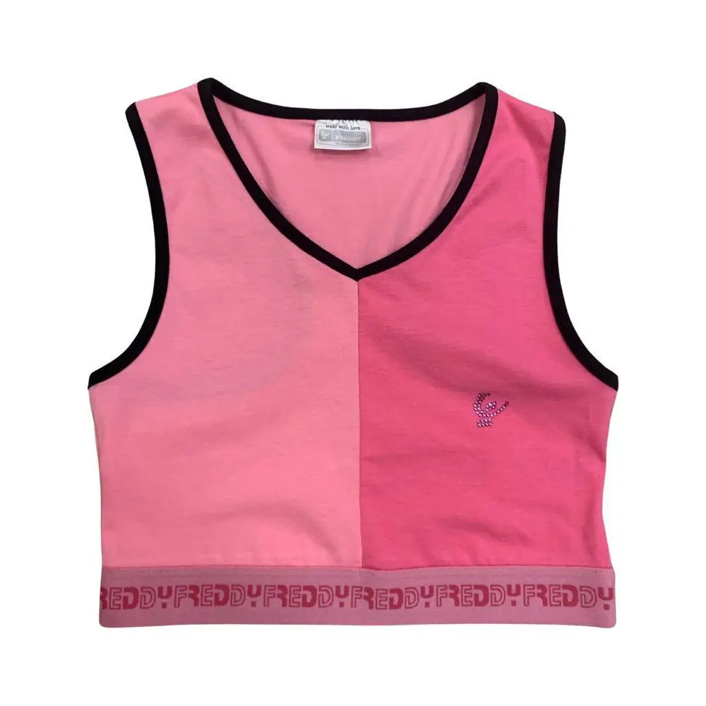 Maglietta corta Freddy rosa bicolore con bordi neri elastico logato e strass top sportivo ragazza 8-16 anni