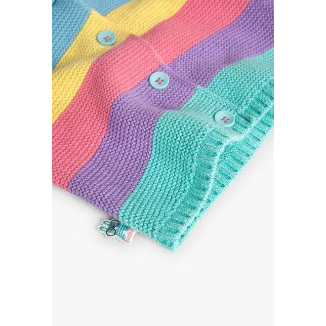 Dettaglio di una felpa Boboli come giacca con cappuccio unisex colorata a righe pastello con bottoni