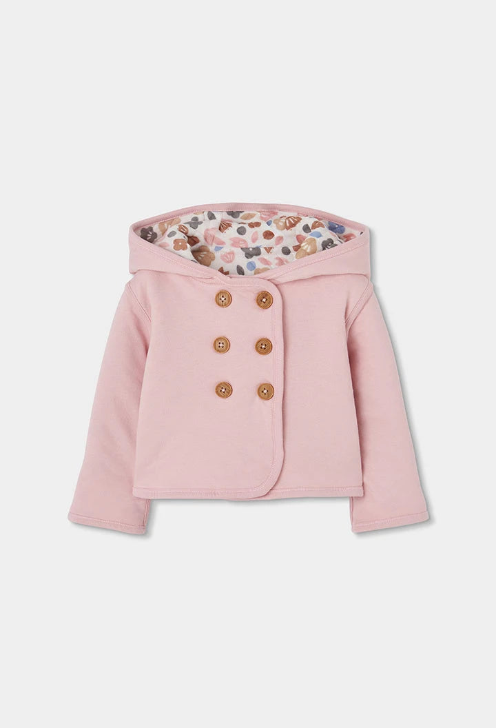 Giacca in Maglia Reversibile Neonato Rosa con Stampa Floreale e Cappuccio