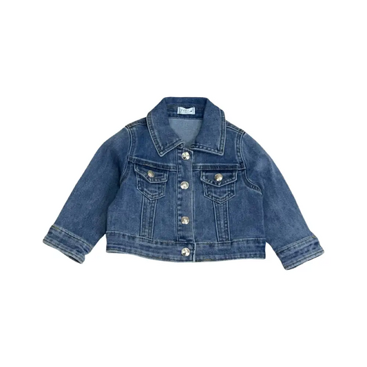 Giubbotto denim neonato Y-Clù in tessuto jeans blu con bottoni e tasche frontali