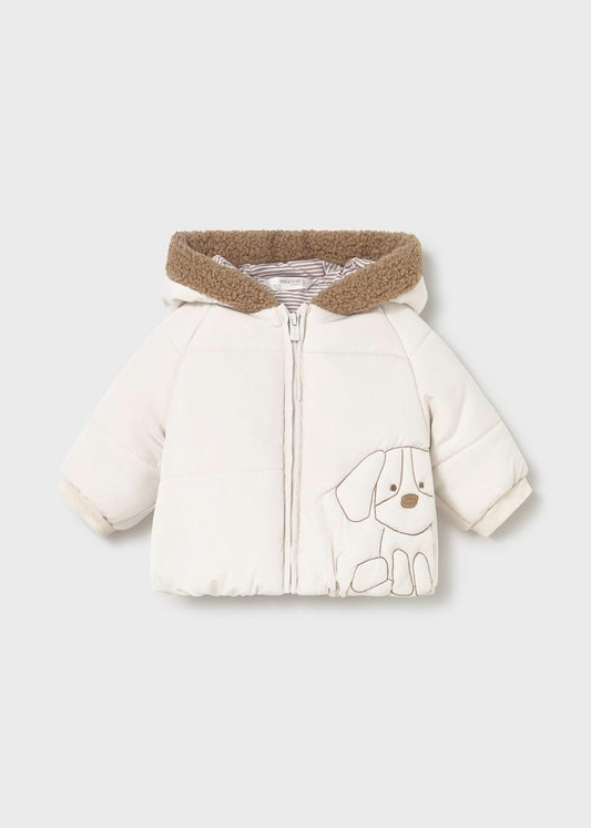 Giubbotto reversibile invernale neonato Mayoral bianco con cappuccio e ricamo di un cane