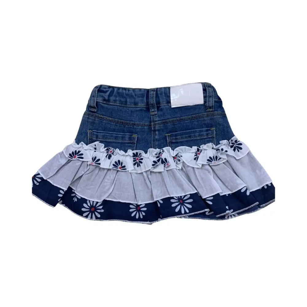 Gonna denim bimba 6 mesi Y-Clù con balze bianche e blu a fantasia floreale