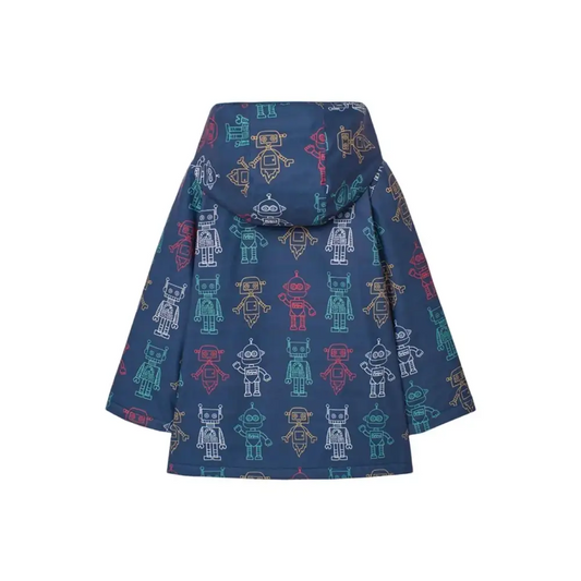 Giubbotto Boboli impermeabile bimbo fantasia originale con disegni di robot colorati su fondo blu