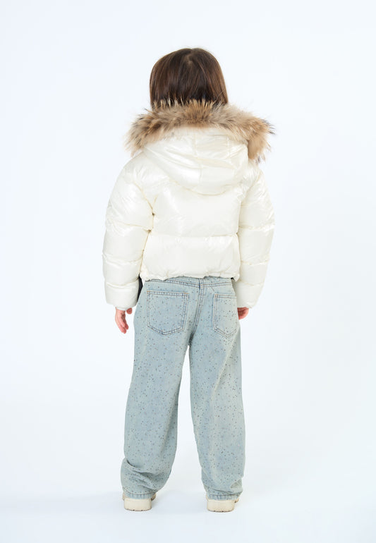 Pantalone jeans bambina gamba larga brillantini abbinato a giacca con cappuccio bianca