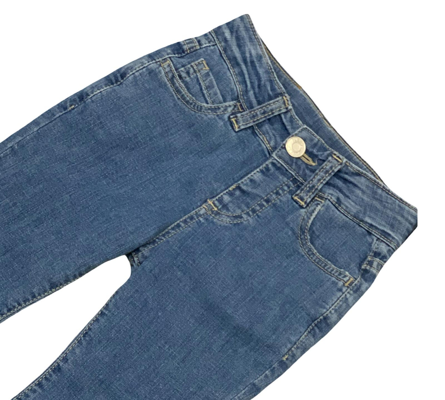 Jeans bambina zampa vita alta in denim blu con tasche frontali e bottone