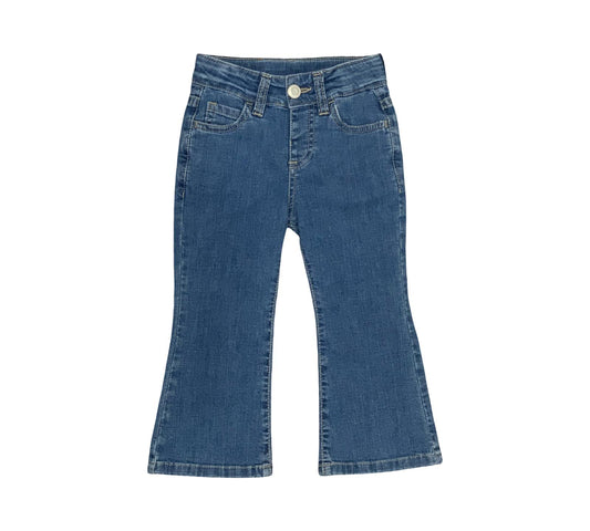 Jeans bambina zampa vita alta in denim blu con design flare per un look alla moda