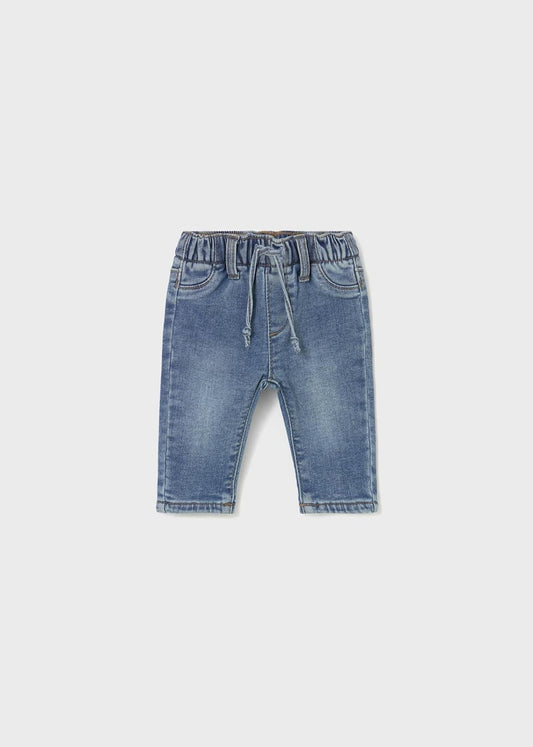 Pantaloni Mayoral Jeans foderato Neonato in denim azzurro con vita elastica e tasche anteriori