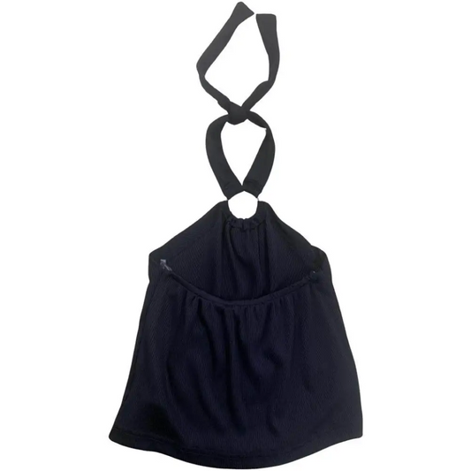 Top crop nero per bambina e ragazza. Top corto halter Paris Hilton nero con anello frontale e laccetto al collo