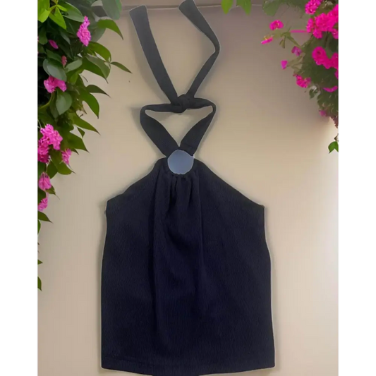 Top crop nero per bambina e ragazza. Top corto senza maniche con collo ad anello elegante Paris Hilton