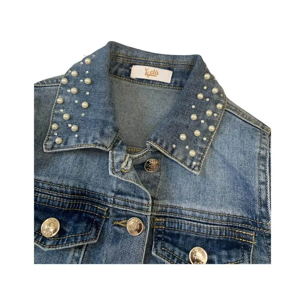 Y Clu giacca jeans bambina con perle collo decorato da perle denim blu tasche con bottoni argentati