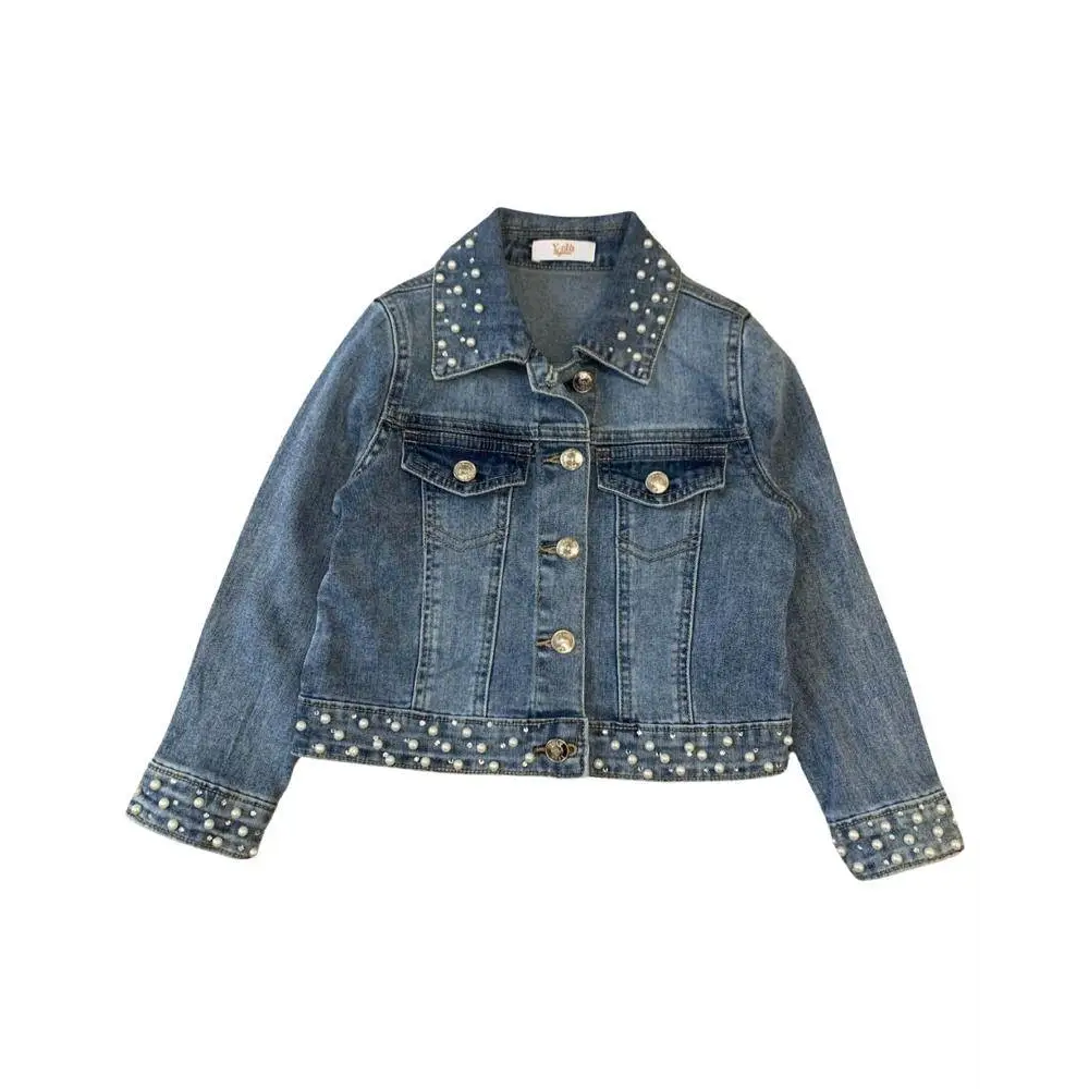 giacca jeans bambina con perle Y Clu in denim blu con bottoni frontali e perline su collo e orli