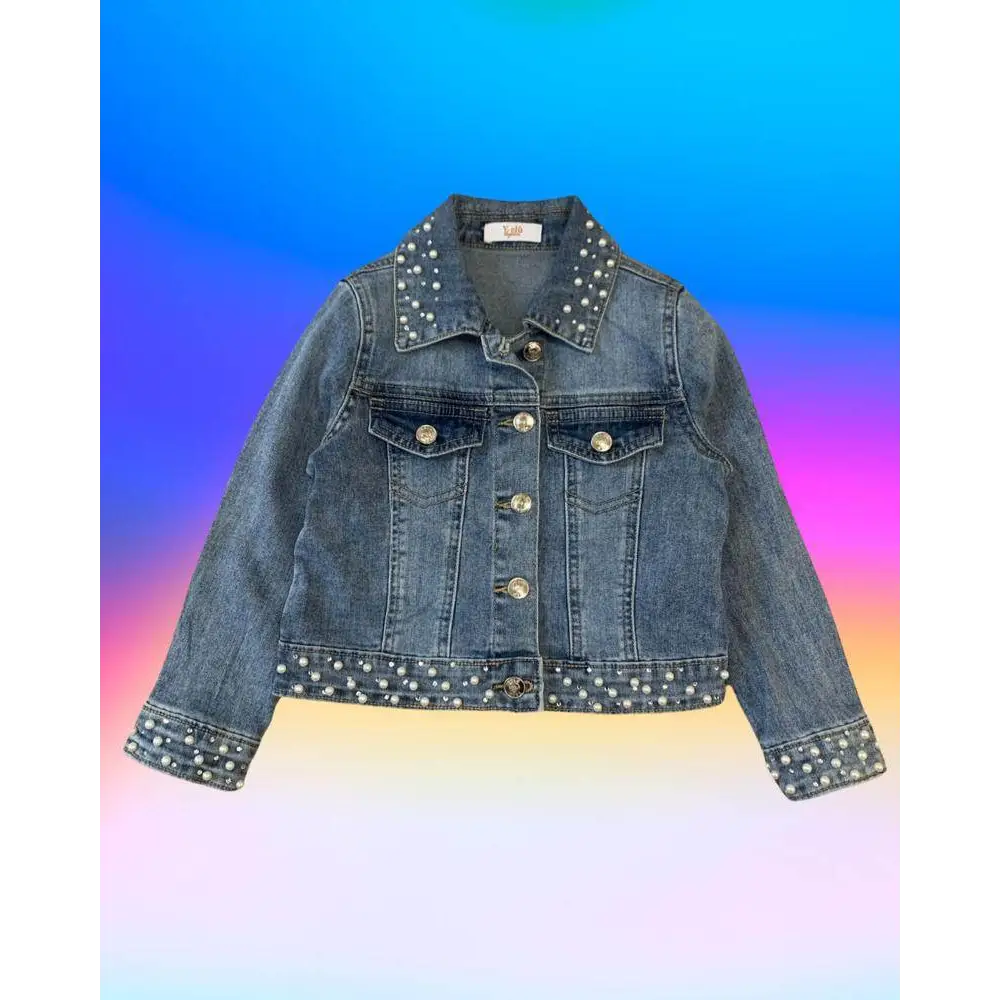 giacca jeans bambina con perle denim YClu con bottoni frontali tasche a filetto e perle su colletto polsini e orlo