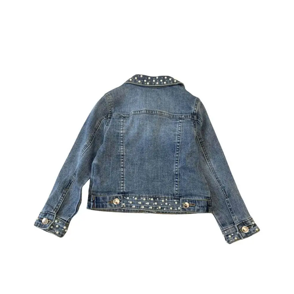giacca jeans bambina con perle decorazione su collo orlo e polsini giacca denim elegante per bambina