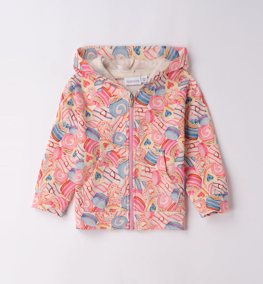 felpa bambina rosa con zip Sarabanda con cappuccio stampa colorata a cuori arcobaleni e motivi giocosi
