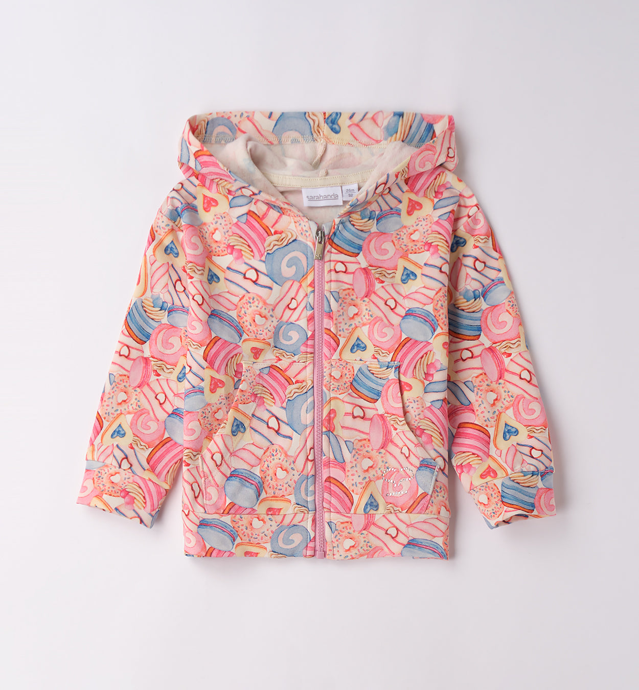 felpa bambina rosa con zip Sarabanda con cappuccio maniche lunghe stampa colorata in cotone morbido