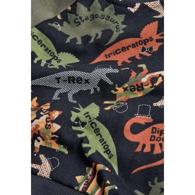 felpa dinosauri bambino Boboli con fantasia stampata di triceratops stegosaurus e diplodocus su sfondo scuro