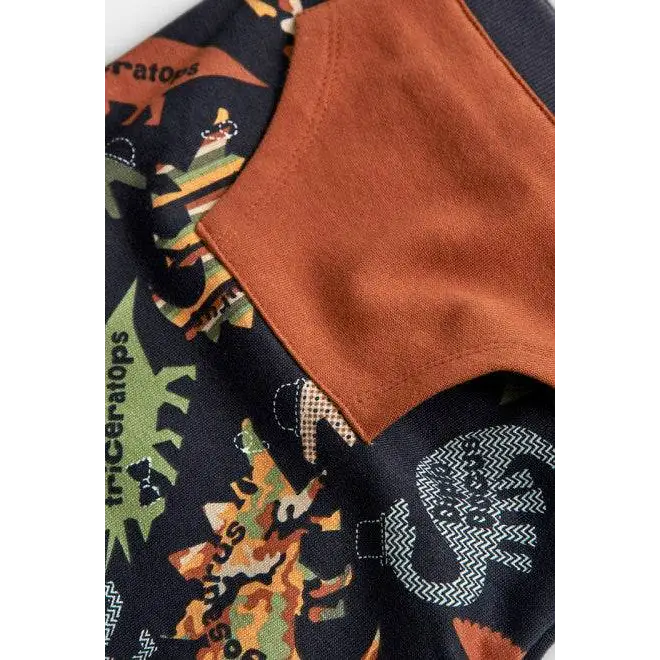 felpa dinosauri bambino Boboli con tasca marrone e stampa colorata di dinosauri su fondo blu scuro