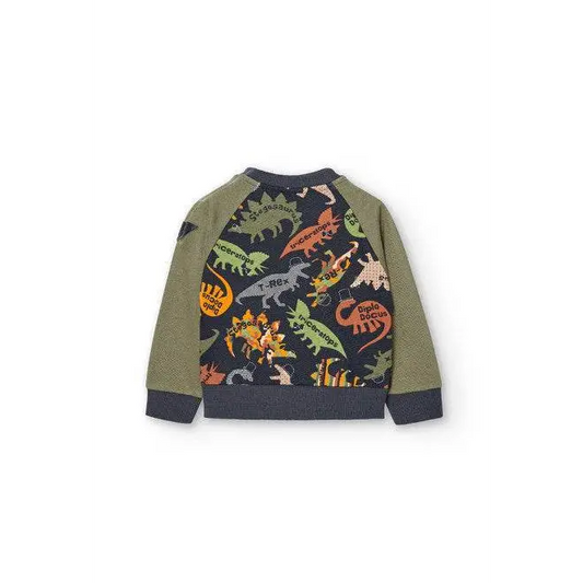 Felpa dinosauri bambino Boboli con stampa colorata di dinosauri sul retro maniche raglan verde oliva e bordi blu navy