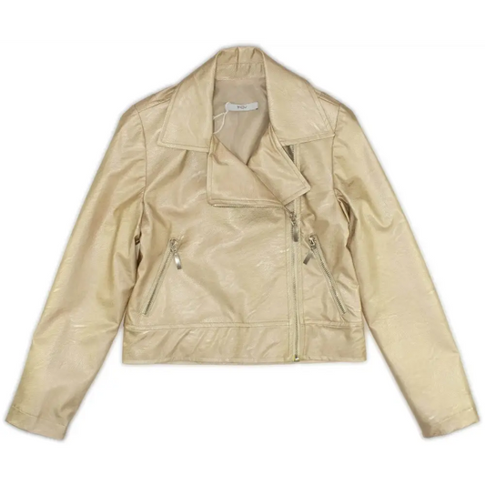 giubbotto chiodo ecopelle ragazza beige effetto lucido con zip frontale e tasche laterali