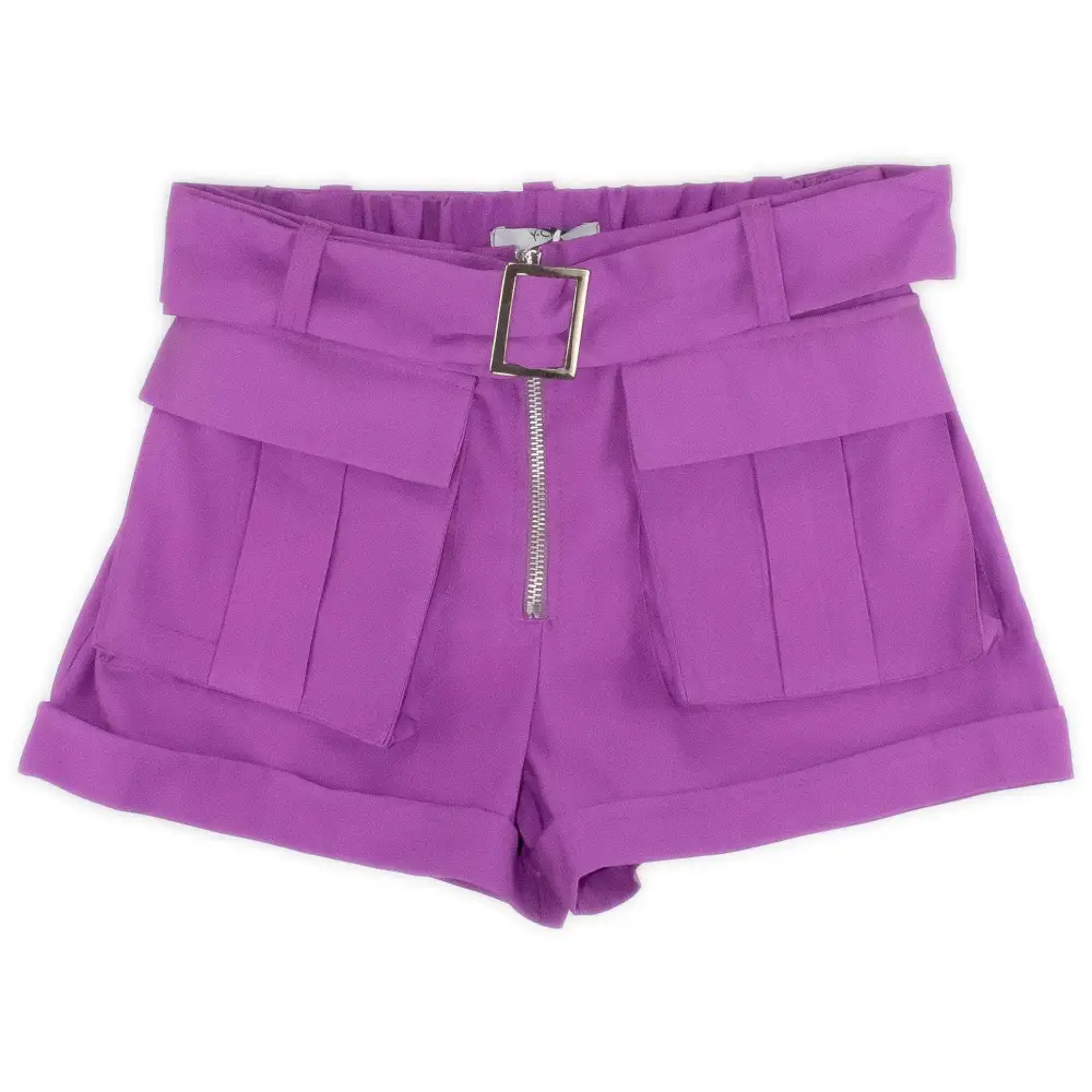 pantaloncini ragazza 8-16 anni viola con cintura e fibbia zip frontale tasche applicate e fondo risvoltato