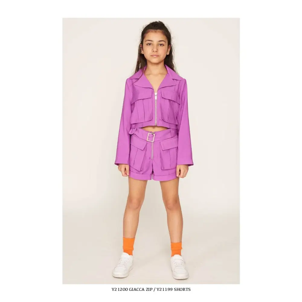YClu completo corto viola con giacca a zip cintura e tasche pantaloncini ragazza 8-16 anni