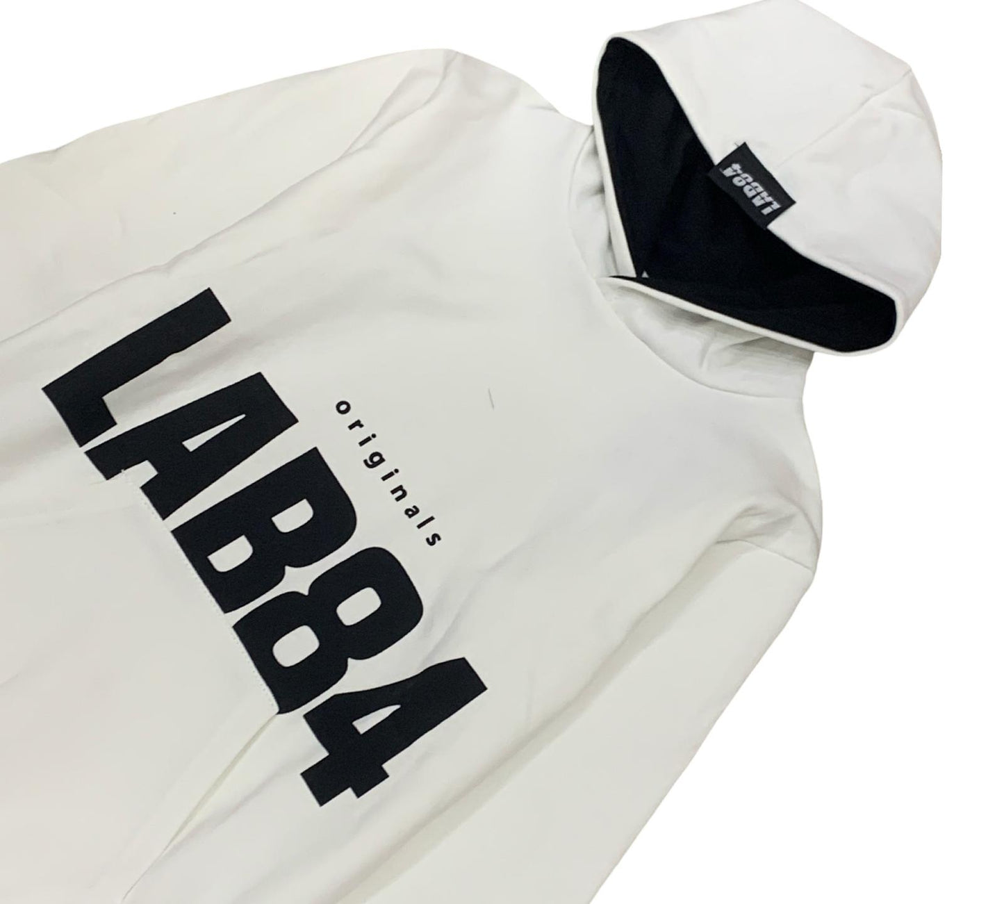 Felpa Bianca con cappuccio e tasca frontale per i ragazzi - Lab84 con logo stampato in nero