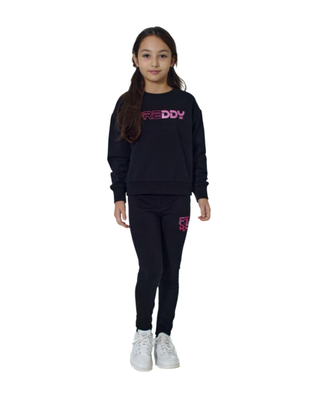Leggings nero bambina Freddy abbinati a felpa nera con logo rosa, perfetti per il comfort quotidiano