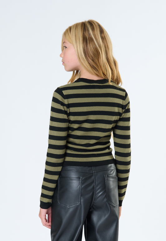 Maglione a righe verde militare ragazza con maniche lunghe e vestibilità comoda