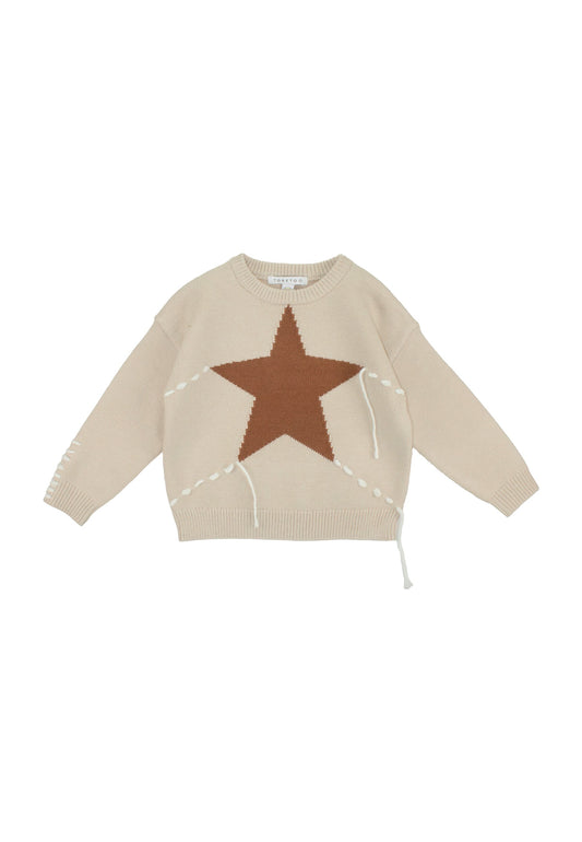 Maglia bambina beige stella con applicazione a forma di stella marrone e dettagli laterali bianchi