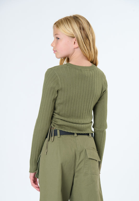 Maglia verde militare bambina con design a costine e cordoncino regolabile sul retro