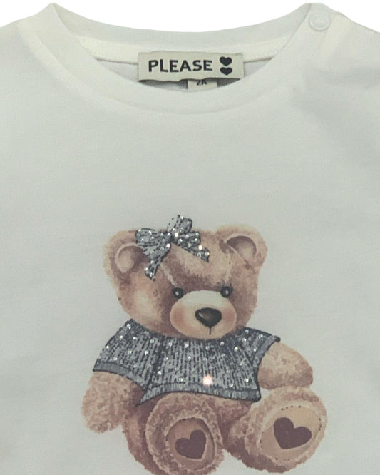 Maglietta a maniche lunghe per bambina bianca con orso decorato con fiocco e maglietta scintillante