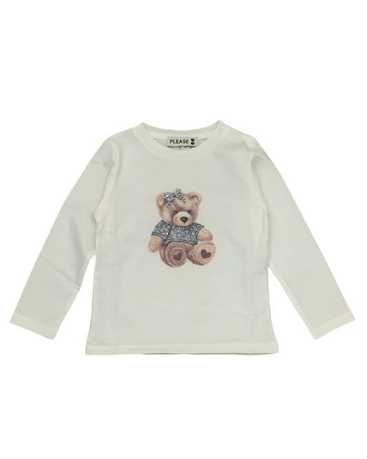 Maglietta a maniche lunghe per bambina bianca con orso stampato al centro e scollo tondo