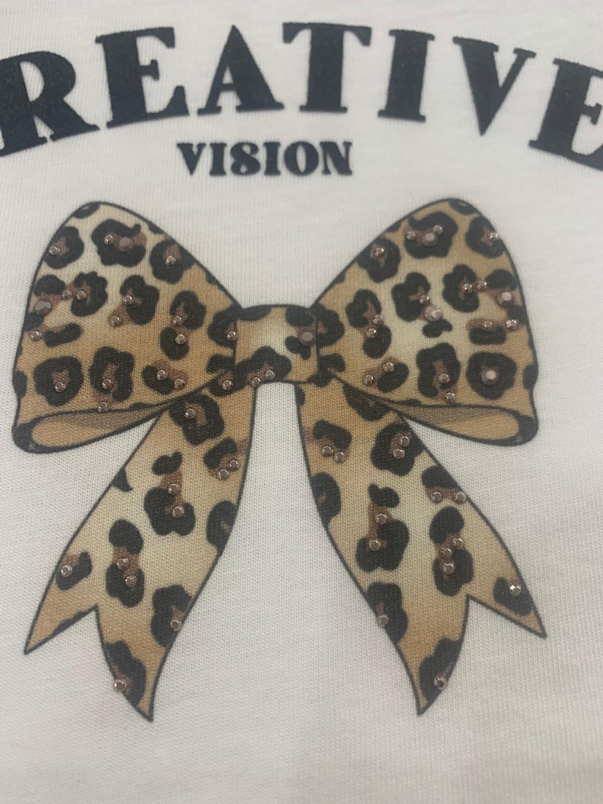 Maglietta bambina fiocco brillantini con motivo leopardato e scritta Creative Vision