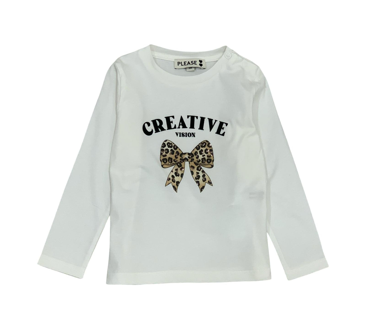 Maglietta bambina fiocco brillantini con scritta Creative Vision e stampa leopardata