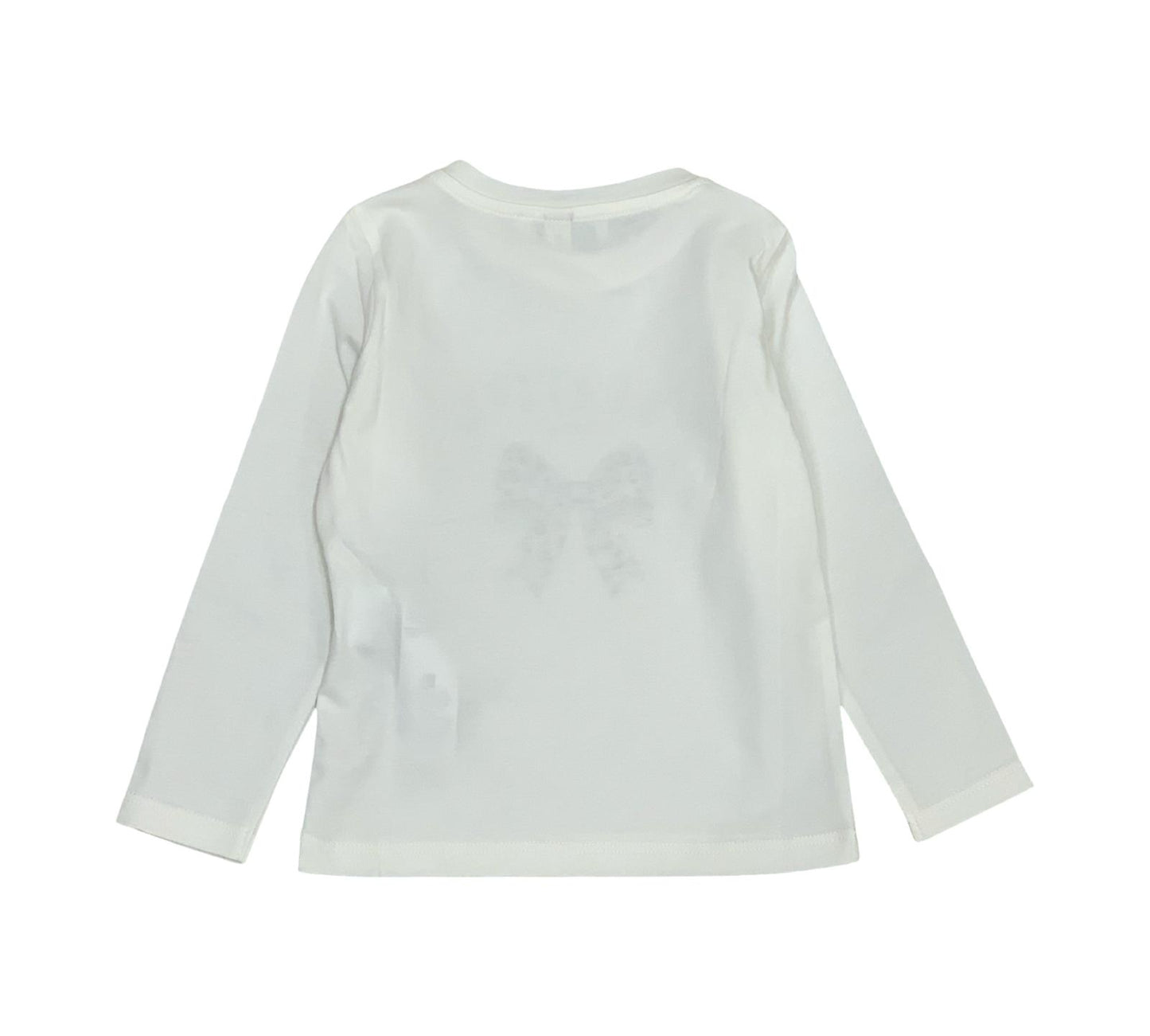 Maglietta bambina fiocco brillantini in bianco, con maniche lunghe e design elegante sul retro