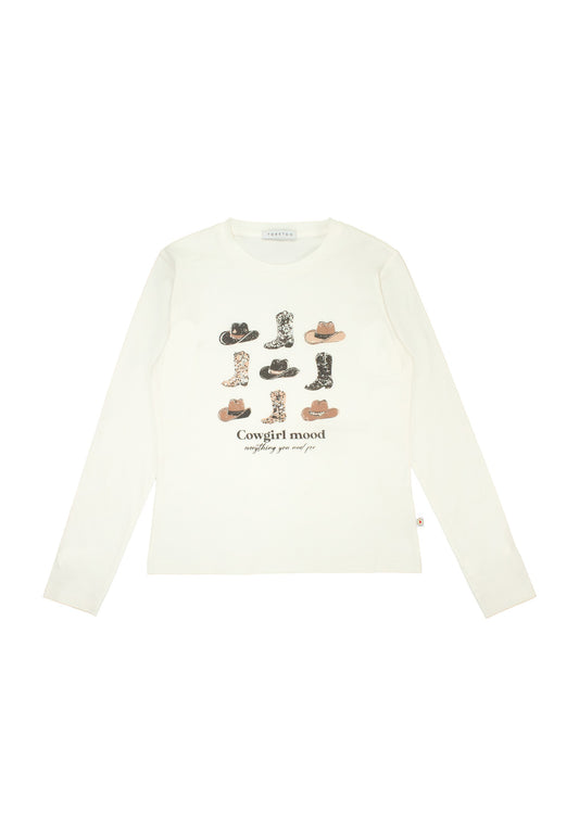 Maglietta Off White Manica Lunga "Cow Girl Mood" con Stampa Brillantini