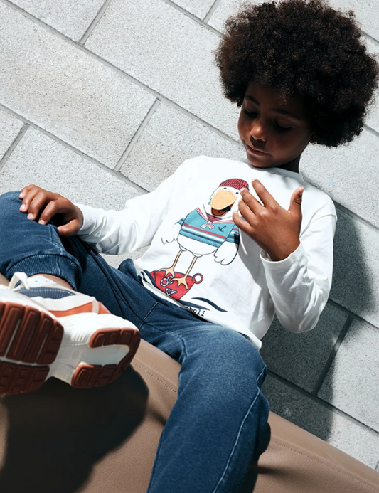 Maglietta bambino bianca stampata con grafica divertente e maniche lunghe di Boboli