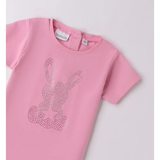 Maglietta con brillantini per bambina rosa Sarabanda con stampa coniglio brillante davanti