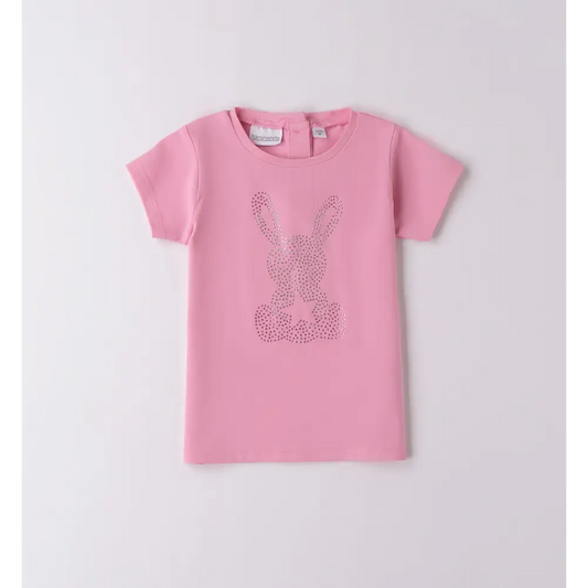 Maglietta con brillantini per bambina Sarabanda rosa con stampa coniglietto brillante