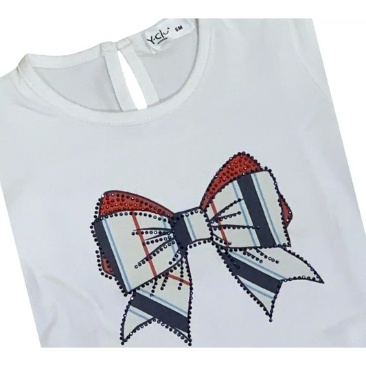 Maglietta con fiocco e brillantini di Y-Clù bianca con decoro a fiocco a righe e dettagli brillanti