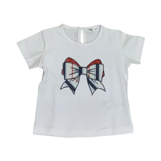 Maglietta con fiocco e brillantini di Y-Clù in cotone bianco per bambina elegante e comoda