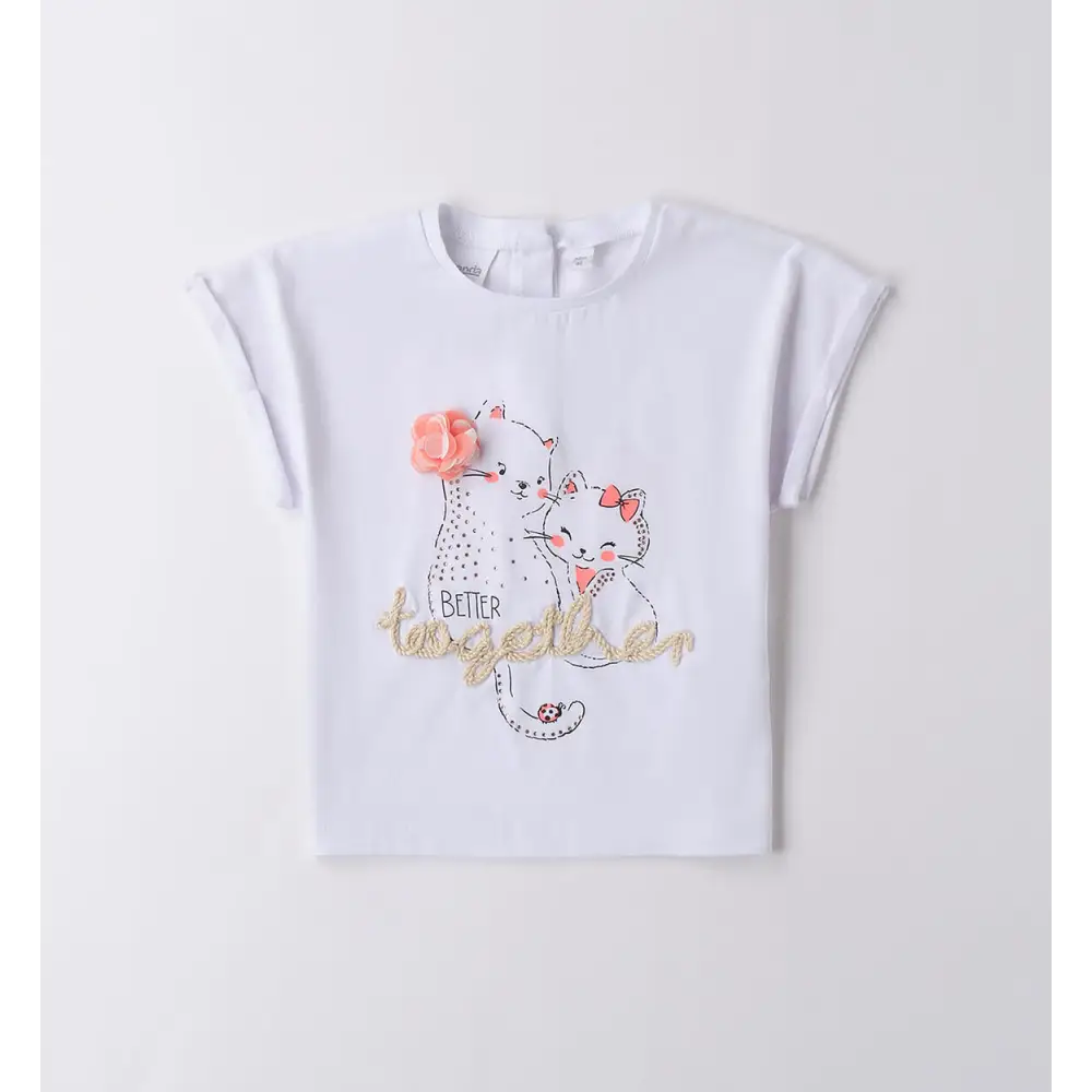 Maglietta con gatti e brillantini Sarabanda bianca per bambini con decorazioni rosa e scritta dorata