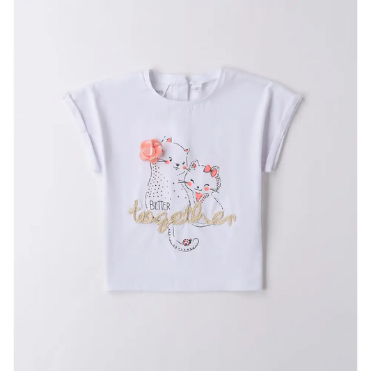 Maglietta con gatti e brillantini Sarabanda bianca per bambini con decorazioni rosa e scritta dorata