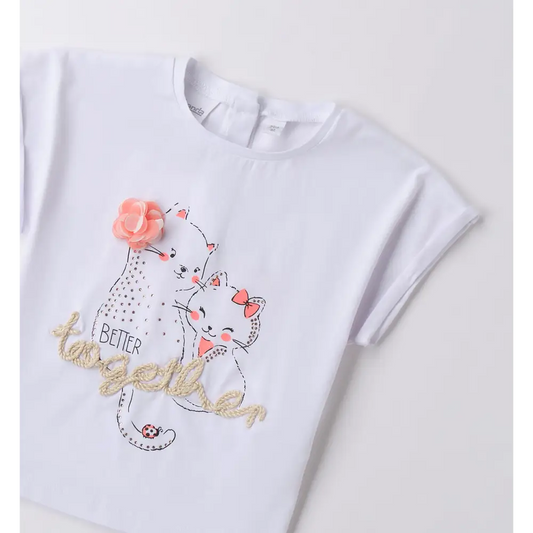 Maglietta Sarabanda bianca con disegno di gatti e dettaglio floreale con la maglietta con gatti e brillantini