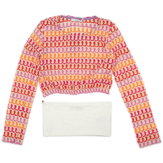 maglietta crop ragazza 8-16 anni Y Clù maglia corta maniche lunghe lavorata a uncinetto multicolore con pochette bianca