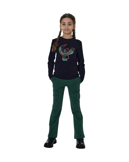 Maglietta Freddy nera manica lunga bambina con design colorato e pantaloni verde
