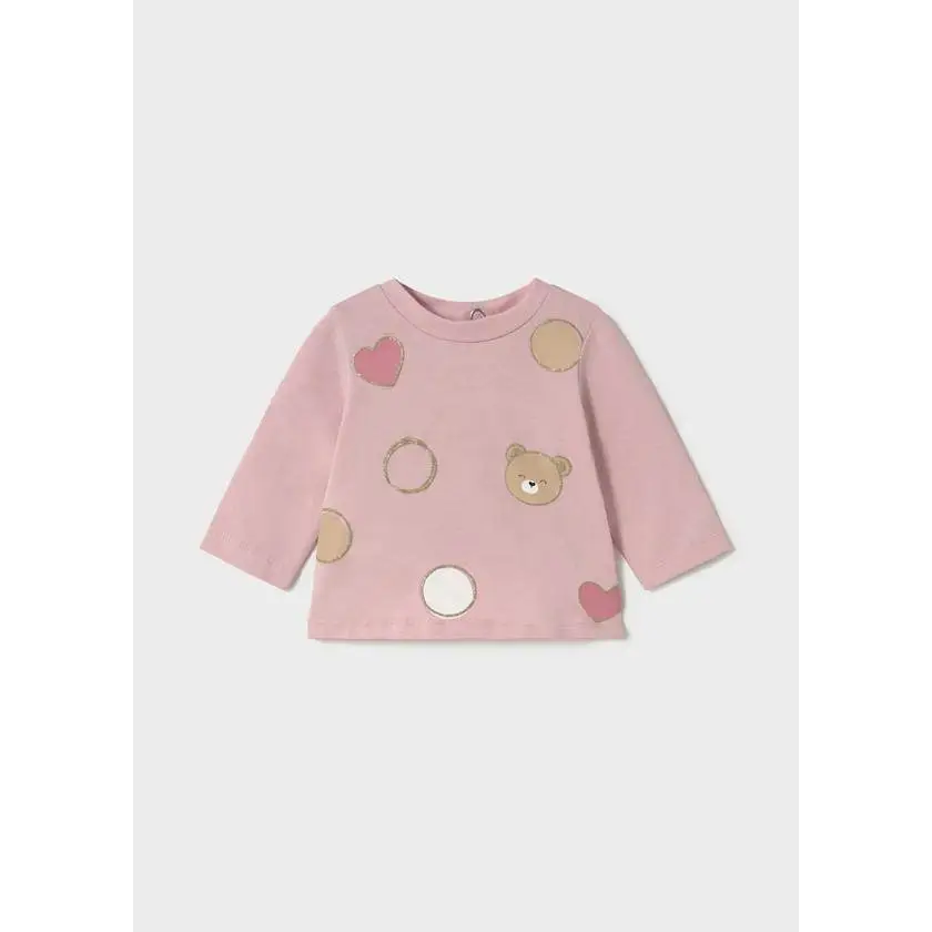 Maglietta neonata manica lunga rosa Mayoral con stampa orsetto e cuori beige e rosa