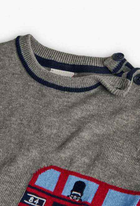 Pantaloni Boboli con maglione bambino stampa autobus in grigio e dettagli blu